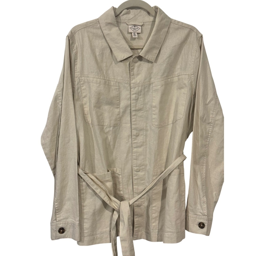 St Johns Bay Womens XL Linen Blend Utility Jacket Beige Belted Safari Shacket